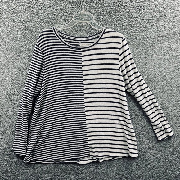 Lane Bryant Womens Top 14/16 Cream Gray Striped Long Sleeve Shirt Stretch - Picture 1 of 7